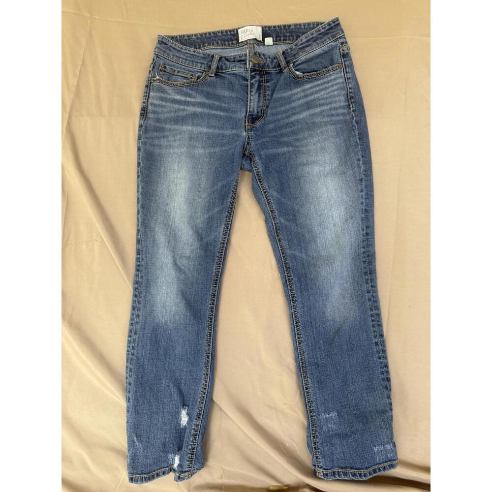 BKE Straight Distressed Blue Denim Jeans Women's 5-Pocket Zip Button